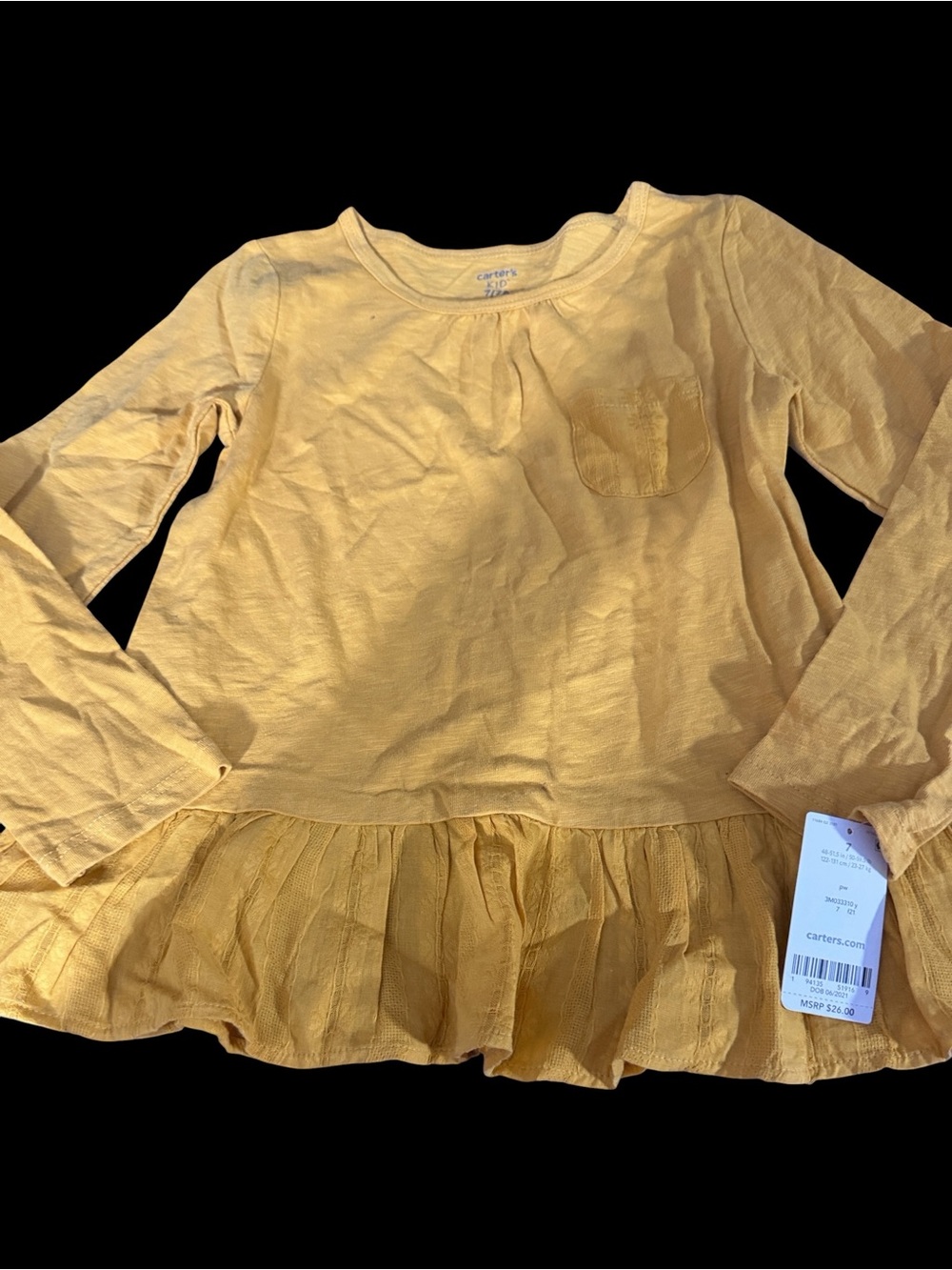 Carter's Girls Mustard Yellow Long-Sleeve Peplum Ruffled Hem Top- Size 7/7A